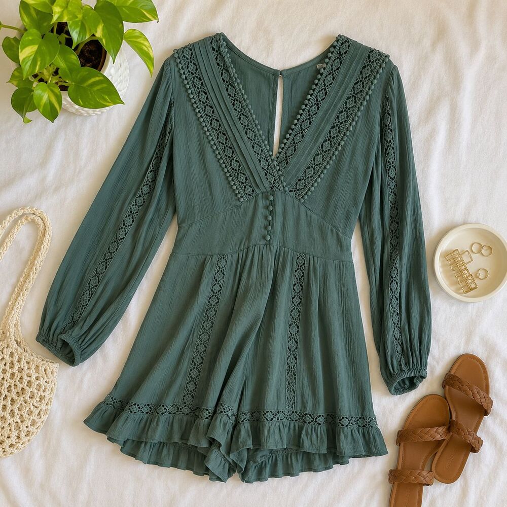 American Eagle Sage Green Lace Romper Medium Boho Cottagecore Festival NWT